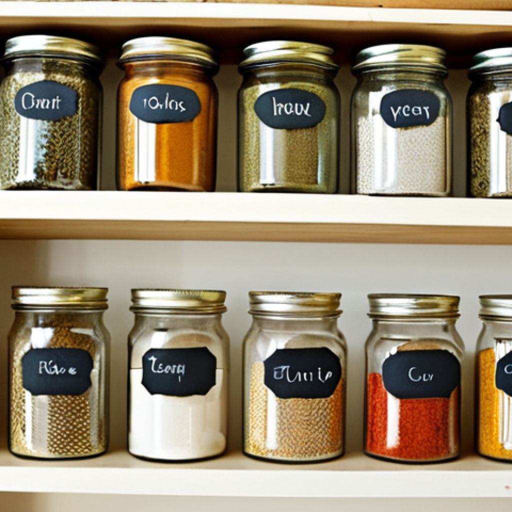 **Image Prompt:** A cozy kitchen scene featuring repurposed glass jars and tin cans used to organize spices and small items. Focus on the creative reuse of common household items for storage, emphasizing a practical and environmentally conscious approach. Include elements like hand-written labels and a bright, organized space.
