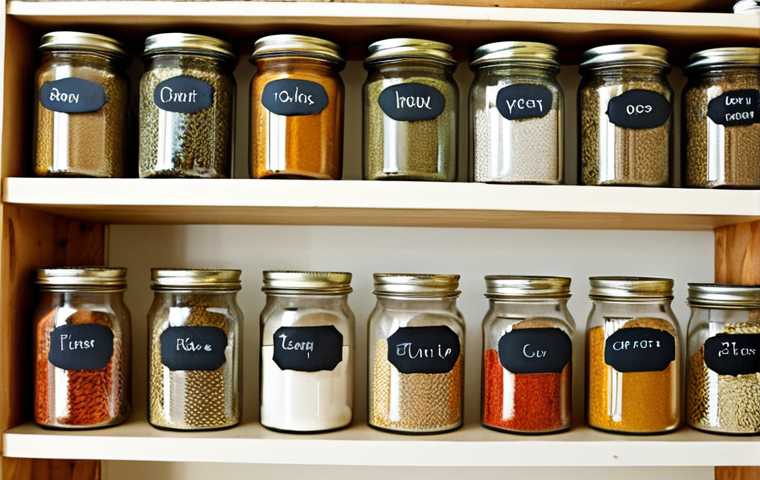 **Image Prompt:** A cozy kitchen scene featuring repurposed glass jars and tin cans used to organize spices and small items. Focus on the creative reuse of common household items for storage, emphasizing a practical and environmentally conscious approach. Include elements like hand-written labels and a bright, organized space.